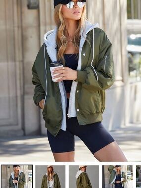 emory park Olive & Gray Two-Layer Oversized Bomber Hoodie